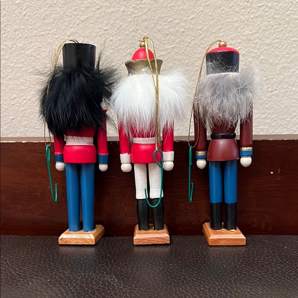Vtg Christmas Holiday Nutcracker Wooden Ornaments Set of 3 in Red, White & Blue - Picture 2 of 5